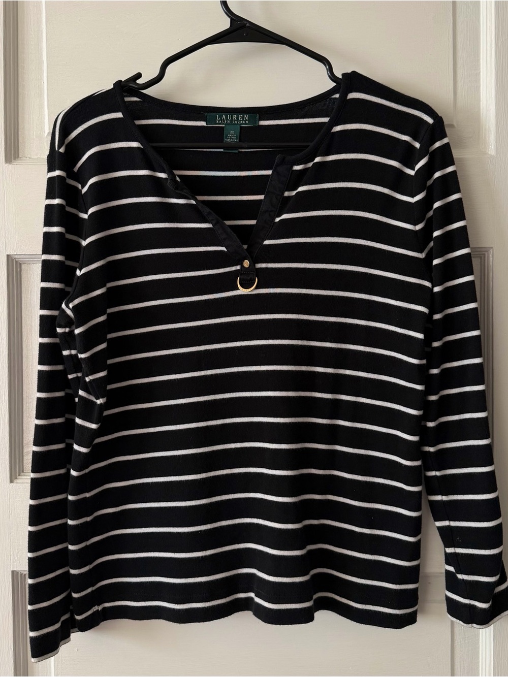 Ralph Lauren Black and White Striped Long Sleeve Top with Gold Ring